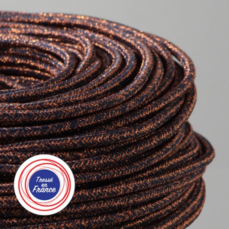 Câble textile paillettes abysse et cuivre - Falbala Luminaires